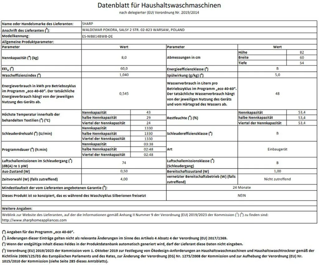 Sharp - ES-NIB814BWB-DE - Einbau-Waschmaschine - 8 Kg 6 Sharp - ES-NIB814BWB-DE - Einbau-Waschmaschine - 8 Kg – Bild 6