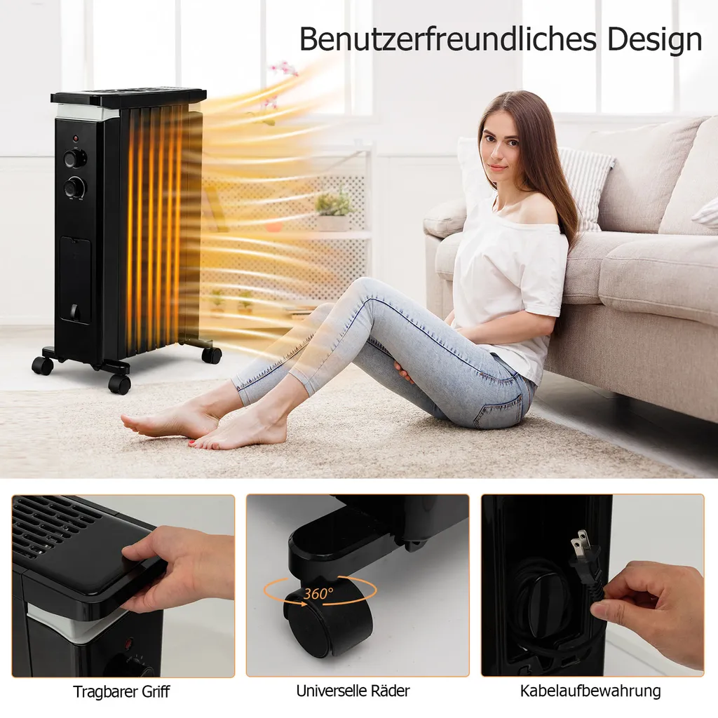 COSTWAY Ölradiator 3 Heizstufen 5-35℃ Für 20㎡, 7 Rippen Heizkörper 1500W, Elektrische Heizung Mobil Mit Thermostat, Überhitzungsschutz & Räder, Schwarz 6 COSTWAY Ölradiator 3 Heizstufen 5-35℃ Für 20㎡, 7 Rippen Heizkörper 1500W, Elektrische Heizung Mobil Mit Thermostat, Überhitzungsschutz & Räder, Schwarz – Bild 6