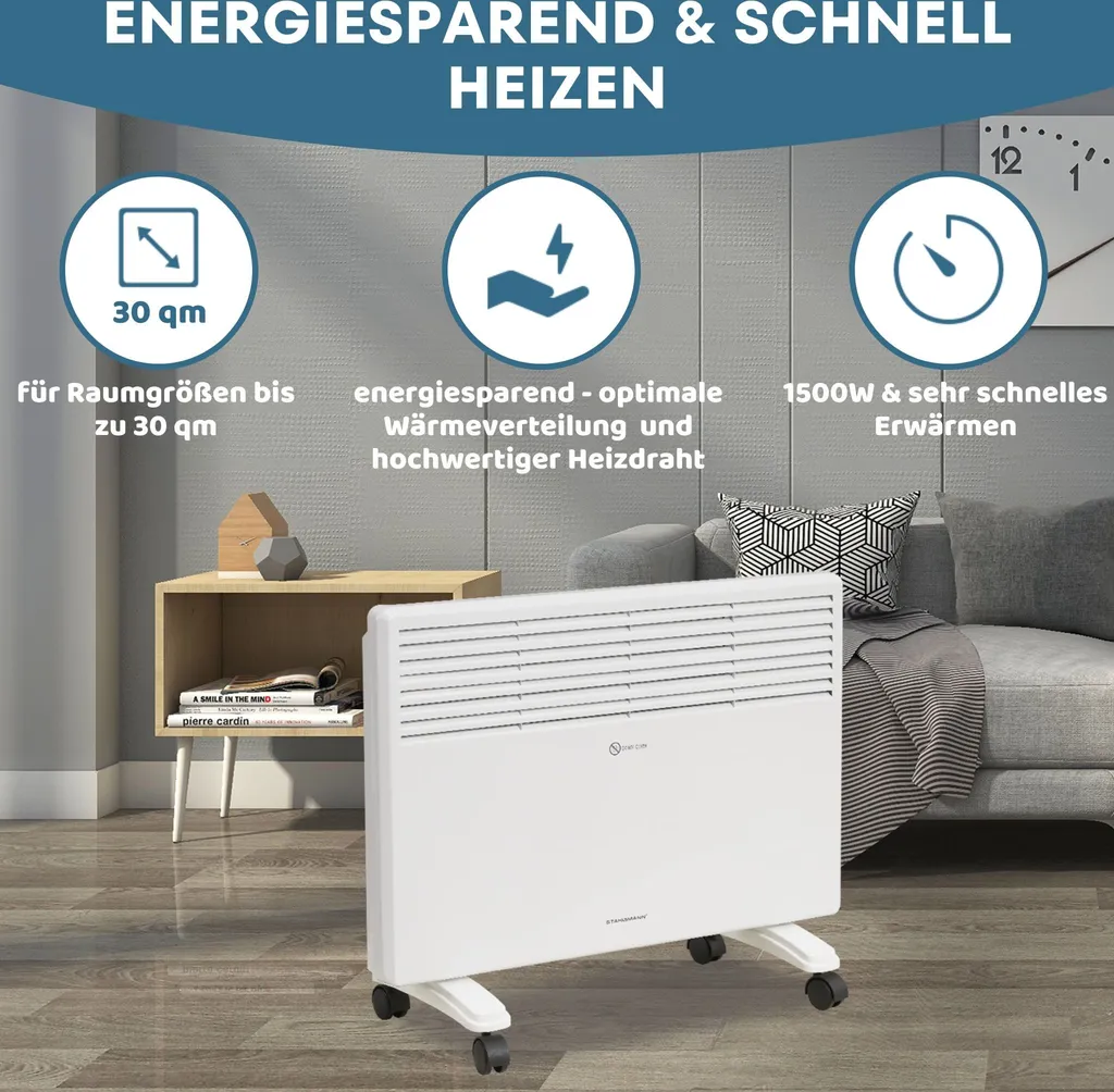 STAHLMANN Konvektor Heizung ZK 1500 Watt - Elektroheizung Energiesparend Bis 30qm Fläche, Schnelle Erwärmung, Thermostat, Leise Und Sichere Heizung Elektrisch - Heizgerät, Electric Heater 2 STAHLMANN Konvektor Heizung ZK 1500 Watt - Elektroheizung Energiesparend Bis 30qm Fläche, Schnelle Erwärmung, Thermostat, Leise Und Sichere Heizung Elektrisch - Heizgerät, Electric Heater – Bild 2