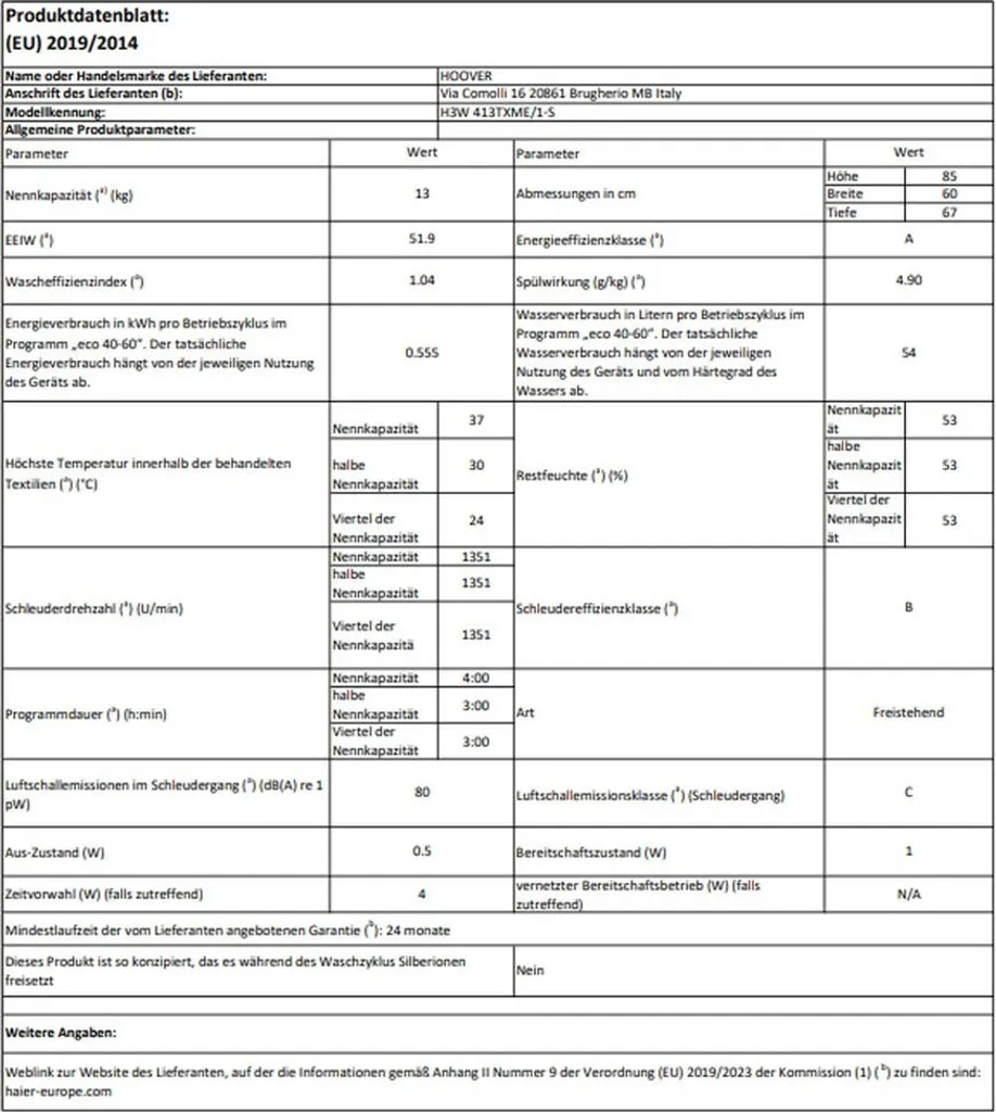 HOOVER H3W 413TXME/1-S WASCHMASCHINE FRONTLADER H-WASH300 13KG NFC Technologie 6 HOOVER H3W 413TXME/1-S WASCHMASCHINE FRONTLADER H-WASH300 13KG NFC Technologie – Bild 6