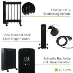 Juskys Elektroheizung Ölradiator 2500W - Wi-Fi Steuerung, Fernbedienung & Touch-Display - Energiesparender Radiator, 2 Heizstufen, 24h Timer - Schwarz -Luft Wrame Haus Geschaft 10d2a3538d514ca7af4b7ba1797d9156