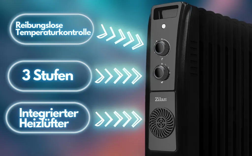 Adler Zilan 9 Rippen Öl Radiator 2.500 Watt | Integrierter Heizlüfter | Elektroheizung | Heizstrahler | 3 Heizstufen | 5 Ölleitungen | Thermostat 2 Adler Zilan 9 Rippen Öl Radiator 2.500 Watt | Integrierter Heizlüfter | Elektroheizung | Heizstrahler | 3 Heizstufen | 5 Ölleitungen | Thermostat – Bild 2