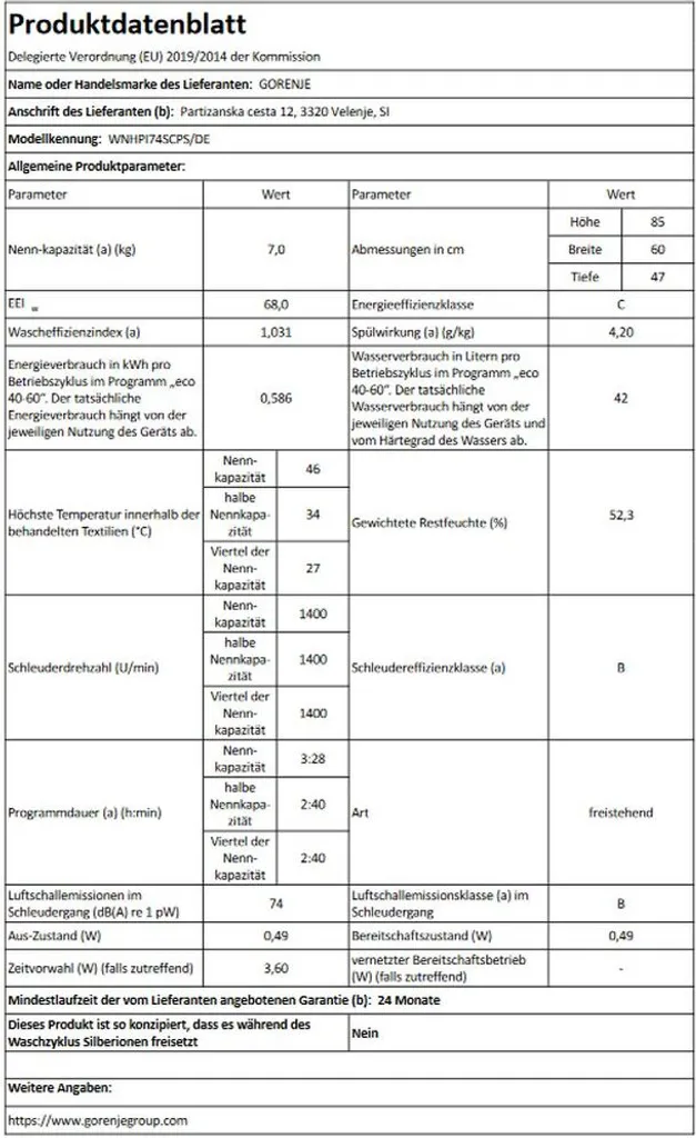 Gorenje WNHPI74SCS/DE Waschmaschine - Inverter PowerDrive Motor - Aqua Stop - Slim Line - 7kg Fassungsvermögen - 15 Waschprogramme - Automatikprogramm - ECO-Programm - Weiß 16 Gorenje WNHPI74SCS/DE Waschmaschine - Inverter PowerDrive Motor - Aqua Stop - Slim Line - 7kg Fassungsvermögen - 15 Waschprogramme - Automatikprogramm - ECO-Programm - Weiß – Bild 16