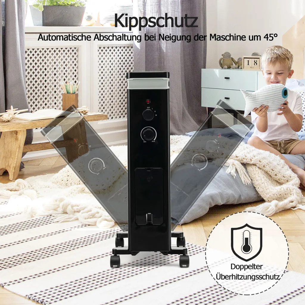 COSTWAY Ölradiator 3 Heizstufen 5-35℃ Für 20㎡, 7 Rippen Heizkörper 1500W, Elektrische Heizung Mobil Mit Thermostat, Überhitzungsschutz & Räder, Schwarz 4 COSTWAY Ölradiator 3 Heizstufen 5-35℃ Für 20㎡, 7 Rippen Heizkörper 1500W, Elektrische Heizung Mobil Mit Thermostat, Überhitzungsschutz & Räder, Schwarz – Bild 4