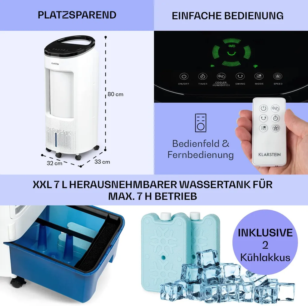 Klarstein Mobiles Klimagerät Ohne Abluftschlauch - Luftkühler Mit Wasser Ventilator Luftbefeuchter Luftreiniger Funktion - 7L Wassertank - Air Cooler Klimaanlage Mobil Mit Fernbedienung - Weiß 6 Klarstein Mobiles Klimagerät Ohne Abluftschlauch - Luftkühler Mit Wasser Ventilator Luftbefeuchter Luftreiniger Funktion - 7L Wassertank - Air Cooler Klimaanlage Mobil Mit Fernbedienung - Weiß – Bild 6