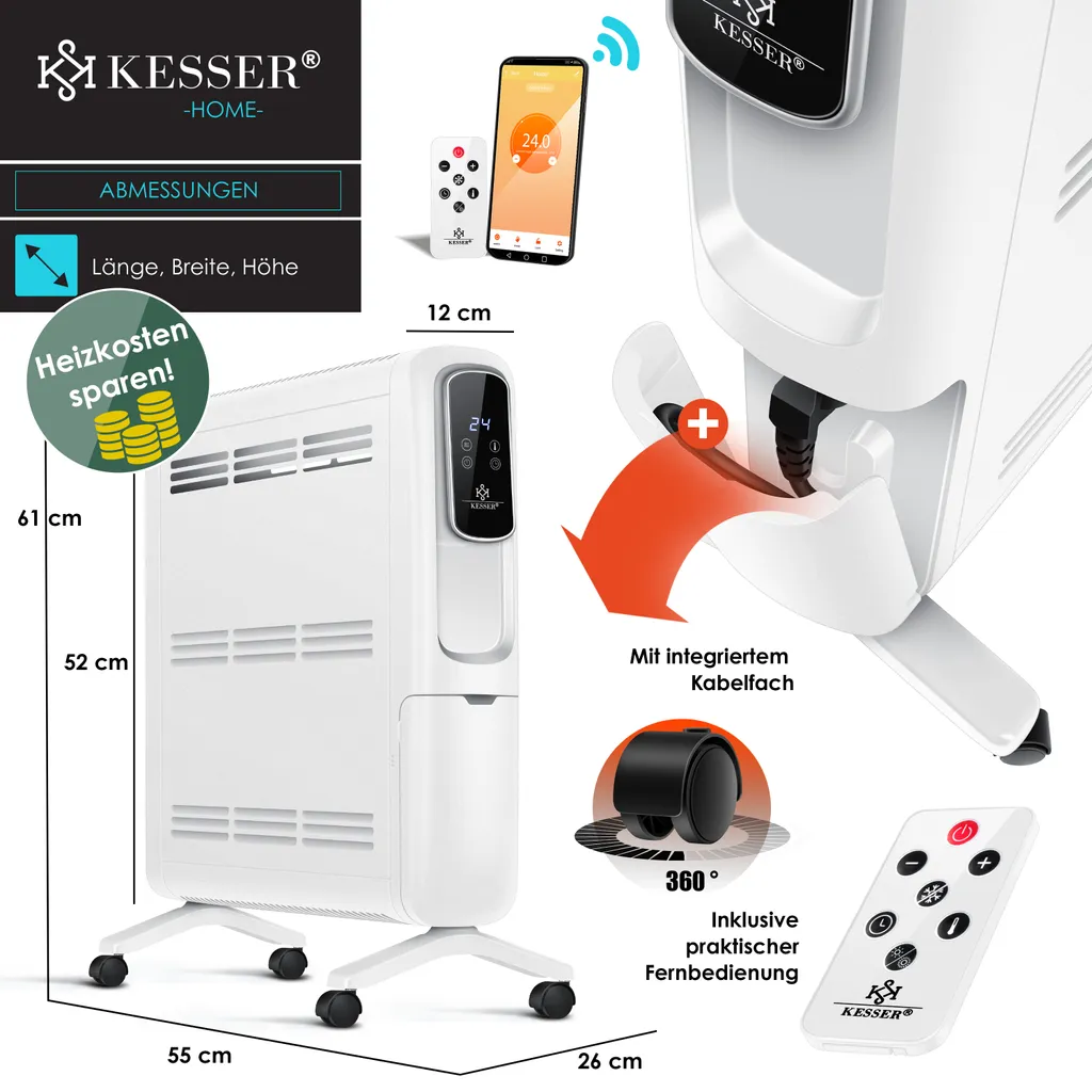 KESSER® Konvektor Elektrische Heizung ECO 2500W Heizkörper Elektroheizung Standheizung Energiesparend Display WiFi App & Fernbedienung Touchscreen - Mobil Radiator 24h Timer Thermostat, Farbe:Weiß 10 KESSER® Konvektor Elektrische Heizung ECO 2500W Heizkörper Elektroheizung Standheizung Energiesparend Display WiFi App & Fernbedienung Touchscreen - Mobil Radiator 24h Timer Thermostat, Farbe:Weiß – Bild 10