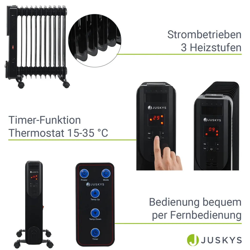 Juskys Elektroheizung Ölradiator 2500 Watt - Heizung Elektrisch Mit 3 Stufen, Thermostat, 12 H-Timer & Überhitzungsschutz - Radiator Schwarz 4 Juskys Elektroheizung Ölradiator 2500 Watt - Heizung Elektrisch Mit 3 Stufen, Thermostat, 12 H-Timer & Überhitzungsschutz - Radiator Schwarz – Bild 4