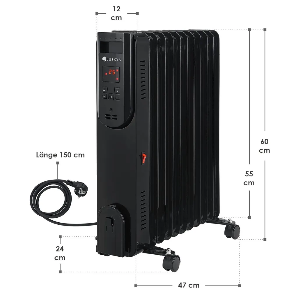 Juskys Elektroheizung Ölradiator 2500 Watt - Heizung Elektrisch Mit 3 Stufen, Thermostat, 12 H-Timer & Überhitzungsschutz - Radiator Schwarz 16 Juskys Elektroheizung Ölradiator 2500 Watt - Heizung Elektrisch Mit 3 Stufen, Thermostat, 12 H-Timer & Überhitzungsschutz - Radiator Schwarz – Bild 16