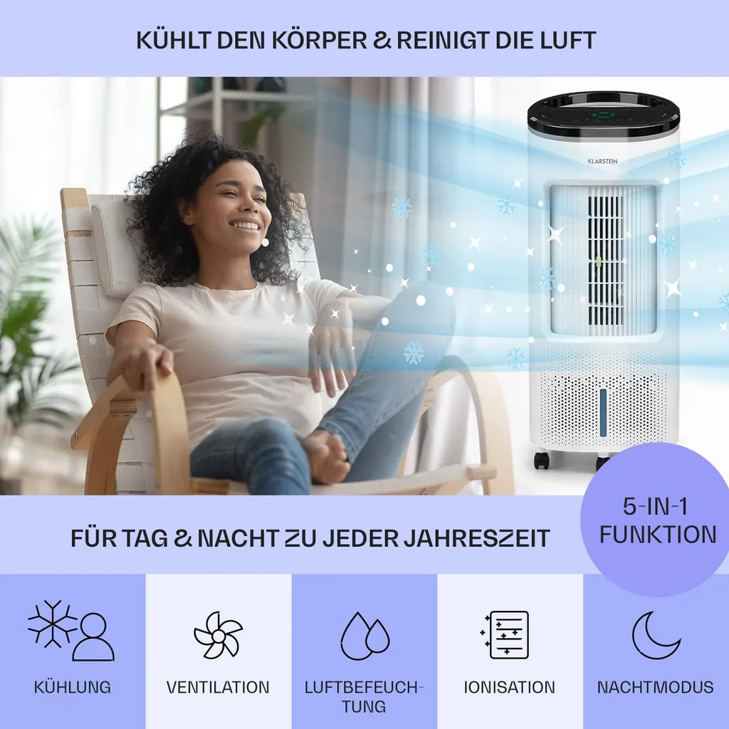 Klarstein Mobiles Klimagerät Ohne Abluftschlauch - Luftkühler Mit Wasser Ventilator Luftbefeuchter Luftreiniger Funktion - 7L Wassertank - Air Cooler Klimaanlage Mobil Mit Fernbedienung - Weiß 2 Klarstein Mobiles Klimagerät Ohne Abluftschlauch - Luftkühler Mit Wasser Ventilator Luftbefeuchter Luftreiniger Funktion - 7L Wassertank - Air Cooler Klimaanlage Mobil Mit Fernbedienung - Weiß – Bild 2