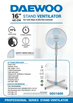DAEWOO 16" Standventilator Ventilator 3 Geschwindugskeiten Windmaschine Lüfter 45 W