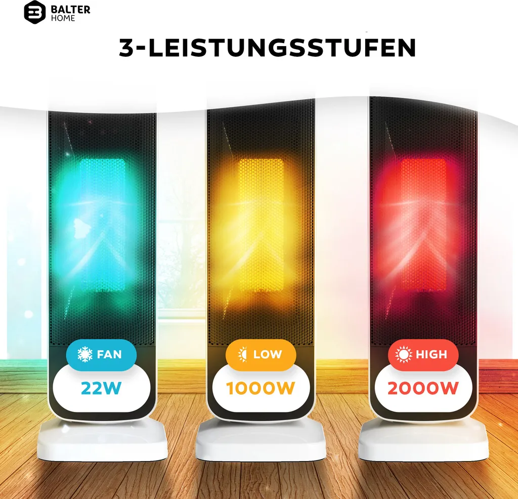 BALTER Heizlüfter 2000W, Heizstrahler, Heizung, Fernbedienung, Thermostat, 3 Heizstufen, Elektroheizung Mit 80° Oszillation, 12H Timer, Überhitzungs- Und Kippschutz 3 BALTER Heizlüfter 2000W, Heizstrahler, Heizung, Fernbedienung, Thermostat, 3 Heizstufen, Elektroheizung Mit 80° Oszillation, 12H Timer, Überhitzungs- Und Kippschutz – Bild 3