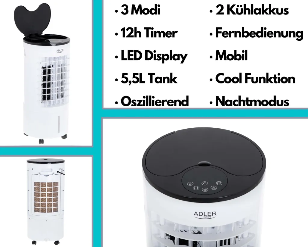 Adler Echos Aircooler 5,5 L Wassertank | 3 Modi Mit Fernbedienung 2 Adler Echos Aircooler 5,5 L Wassertank | 3 Modi Mit Fernbedienung – Bild 2