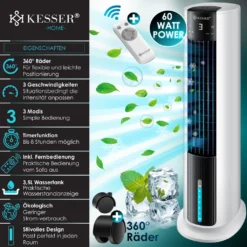 KESSER® 4in1 Mobile Klimaanlage Tower Klimagerät Ventilator/Luftkühler/Luftbefeuchter/Ionisator, Mit Fernbedienung , Timer , Wassertank, 60W, Klima , 2 Kühlakkus Turmventilator, Farbe:Weiß / Schwarz 13 KESSER® 4in1 Mobile Klimaanlage Tower Klimagerät Ventilator/Luftkühler/Luftbefeuchter/Ionisator, Mit Fernbedienung , Timer , Wassertank, 60W, Klima , 2 Kühlakkus Turmventilator, Farbe:Weiß / Schwarz -Luft Wrame Haus Geschaft 263047b340d18c61327aa9856ae4cbc8
