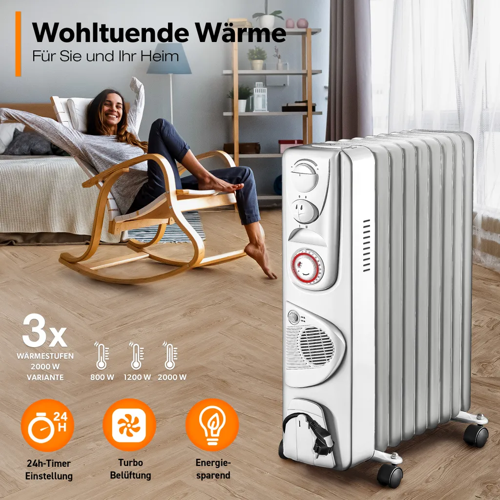 TRESKO® Ölradiator Weiß 2000W Elektroheizung Radiator Öl Heizkörper Heizung Timer 5 TRESKO® Ölradiator Weiß 2000W Elektroheizung Radiator Öl Heizkörper Heizung Timer – Bild 5