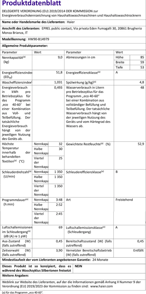 Haier HW90-B14979 9kg Vollwasserschutz XL Trommel (525mm) + Große Einfüllöffnung 6 Haier HW90-B14979 9kg Vollwasserschutz XL Trommel (525mm) + Große Einfüllöffnung – Bild 6