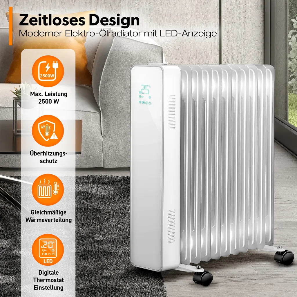 TRESKO® Ölradiator Weiß 2500W Elektroheizung Radiator Öl Heizkörper Heizung Timer 2 TRESKO® Ölradiator Weiß 2500W Elektroheizung Radiator Öl Heizkörper Heizung Timer – Bild 2