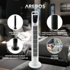 AREBOS Turmventilator Mit Fernbedienung & Timer, 40 Watt, Mit 3 Geschwindigkeitsstufen & Sleep-Modus, Weiß -Luft Wrame Haus Geschaft 2aaba8508225f0017760272172b02a6a