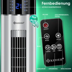 KESSER® Turmventilator Mit Fernbedienung | 3 Stufen | 3 Modi | 107cm | 60 Watt | 7,5 Timer | LED-Leuchten | Tower-Ventilator | Standventilator | Säulenventilator | Luftkühler 90° Oszillierend, Farbe:Silber -Luft Wrame Haus Geschaft 2b4aa9cbe0d8ba02431cd16fcdc9bf06