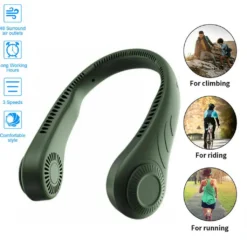 Tragbarer Mini Fan Nackenbügel Klingenloser Hängender Halsventilator Lazy Neck Hanging Cooler USB Wiederaufladbar USB, Grün