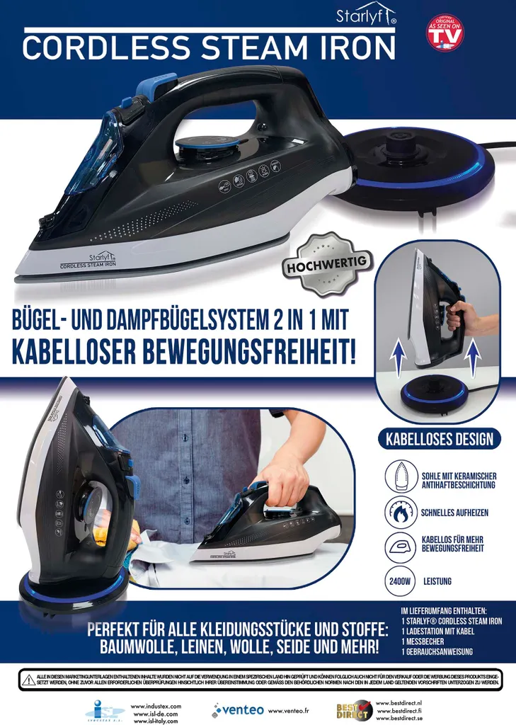 Starlyf® Cordless Steam Iron - Kabelloses Dampfbügeleisen, 320 Ml, 2400 Watt, Schnurlos Dampfbügeleisen, Keramikbeschichtung, Aus Der TV Werbung 16 Starlyf® Cordless Steam Iron - Kabelloses Dampfbügeleisen, 320 Ml, 2400 Watt, Schnurlos Dampfbügeleisen, Keramikbeschichtung, Aus Der TV Werbung – Bild 16