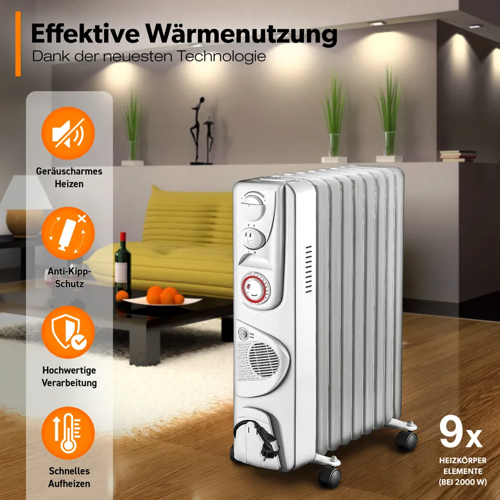 TRESKO® Ölradiator Weiß 2000W Elektroheizung Radiator Öl Heizkörper Heizung Timer 4 TRESKO® Ölradiator Weiß 2000W Elektroheizung Radiator Öl Heizkörper Heizung Timer – Bild 4