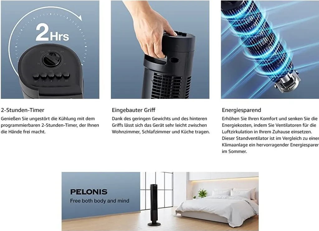 Pelonis Turmventilator, Ventilator Mit 3 Geschwindigkeiten, Ventilator Leise Standventilator Mit 2H Timer & 60° Oszillation, 2-in-1 Lüfter Säulenventilator Nur 52dbA 3 Pelonis Turmventilator, Ventilator Mit 3 Geschwindigkeiten, Ventilator Leise Standventilator Mit 2H Timer & 60° Oszillation, 2-in-1 Lüfter Säulenventilator Nur 52dbA – Bild 3
