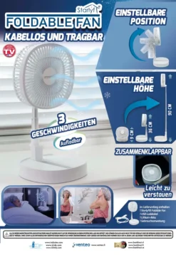 Starlyf® Foldable Fan – Wiederaufladbarer, Kabelloser Und Zusammenklappbarer Ventilator, Akkubetrieb Mit 3 Geschwindigkeiten, 2in1 - Tischventilator Und Standventilator – Aus Der TV Werbung -Luft Wrame Haus Geschaft 34f6898c36299fdd48cbe883dec23794