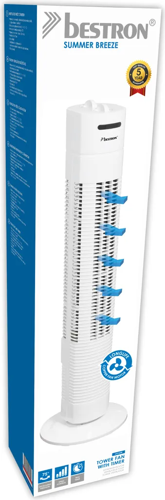 Bestron Turmventilator Mit 3 Geschwindigkeitsstufen, Inkl. 75° Oszillation-Funktion, Timer, Höhe: 78cm, 35W, AFT760Z, Farbe: Weiß 4 Bestron Turmventilator Mit 3 Geschwindigkeitsstufen, Inkl. 75° Oszillation-Funktion, Timer, Höhe: 78cm, 35W, AFT760Z, Farbe: Weiß – Bild 4