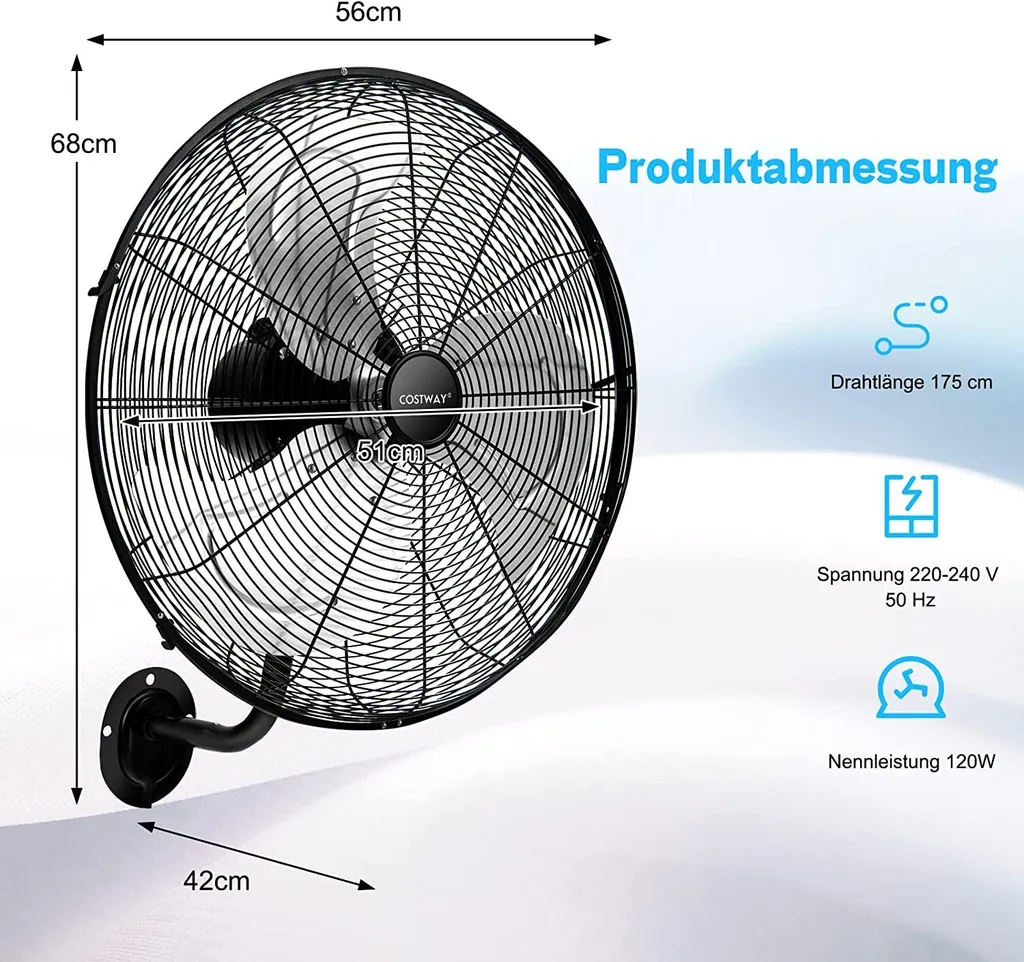 COSTWAY Φ56cm Wand-Ventilator Industriell, Oszillierend Ventilator 3 Stufen Für Lager, Treibhaus, Werkstatt, Terrasse Und Keller 6 COSTWAY Φ56cm Wand-Ventilator Industriell, Oszillierend Ventilator 3 Stufen Für Lager, Treibhaus, Werkstatt, Terrasse Und Keller – Bild 6