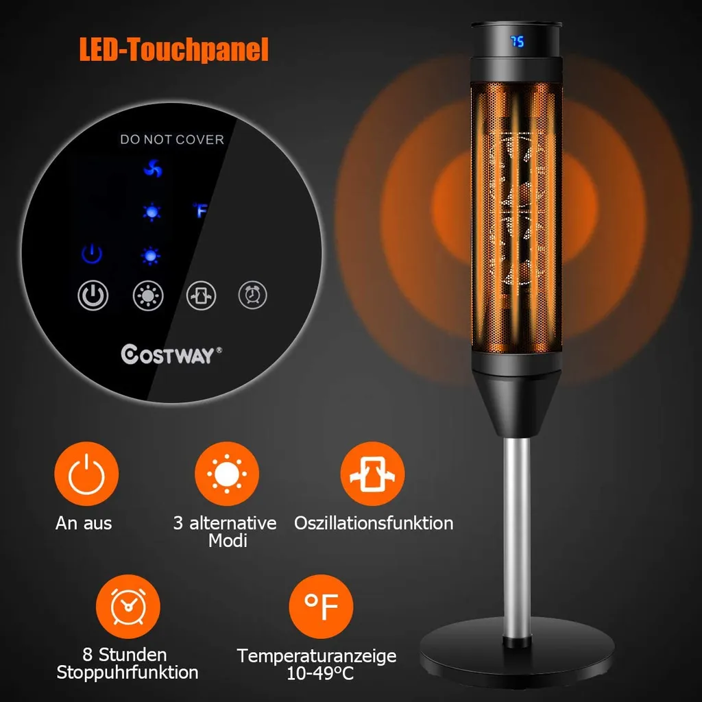 COSTWAY Heizlüfter, 1,2KW/2KW, Elektroheizung, Heizgerät Mit Thermostat & 3 Modi, 40° Oszillation, 10 - 49℃, Schnellerhitzung, Inkl. 8H Timer, LED, 28x28x85cm, Schwarz 5 COSTWAY Heizlüfter, 1,2KW/2KW, Elektroheizung, Heizgerät Mit Thermostat & 3 Modi, 40° Oszillation, 10 - 49℃, Schnellerhitzung, Inkl. 8H Timer, LED, 28x28x85cm, Schwarz – Bild 5