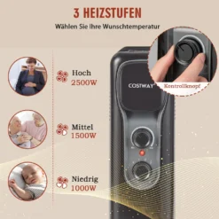 COSTWAY 2500W Ölradiator 11 Rippen Heizkörper 5-35℃, Elektrische Heizung 3 Heizstufen Mobil Mit Räder, Überhitzungsschutz -Luft Wrame Haus Geschaft 3cd52e8d748394605735f76471c64b7f