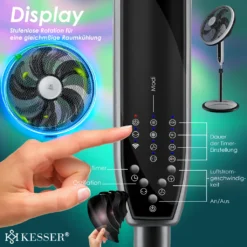 KESSER® 3in1 Standventilator Tischventilator Wandventilator Mit App Wifi , Fernbedienung | Timer | Leise Oszillation 80 Grad | Ventilator | 4 Geschwindigkeiten Inkl. Wandhalterung , Farbe:Schwarz -Luft Wrame Haus Geschaft 4142f9c8d35f8fdc049c76ae672167a7