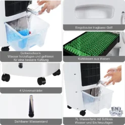 COSTWAY 4in1 Mobile Klimaanlage 65W, 3 Stufen Klimagerät 7L Tank, Inkl. 7,5H Timer, Fernbedienung & 2 Kühlakkus, Luftbefeuchter, Luftreiniger, Ventilator, Luftkühler, Aircooler -Luft Wrame Haus Geschaft 44ca76cb3382e439ee28147b46fdd10a