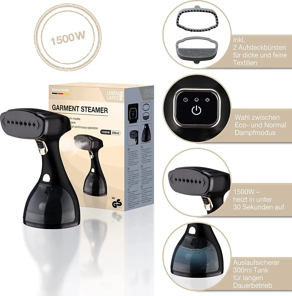 LEBENLANG Steamer Dampfglätter ( 1500W, 300ml, Quick & Go Automatik ) LCD Hand Dampfbürste Dampfglätter Kleidung & Hemden Bügeln - Dampfbügler Reise Bügeleisen Dampf Bügel - Steam Iron Bügelmaschine… Schwarz 1 LEBENLANG Steamer Dampfglätter ( 1500W, 300ml, Quick & Go Automatik ) LCD Hand Dampfbürste Dampfglätter Kleidung & Hemden Bügeln - Dampfbügler Reise Bügeleisen Dampf Bügel - Steam Iron Bügelmaschine… Schwarz