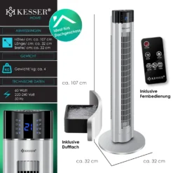 KESSER® Turmventilator Mit Fernbedienung | 3 Stufen | 3 Modi | 107cm | 60 Watt | 7,5 Timer | LED-Leuchten | Tower-Ventilator | Standventilator | Säulenventilator | Luftkühler 90° Oszillierend, Farbe:Silber -Luft Wrame Haus Geschaft 45f45953db4a8f35988b1fdf7fe00d58