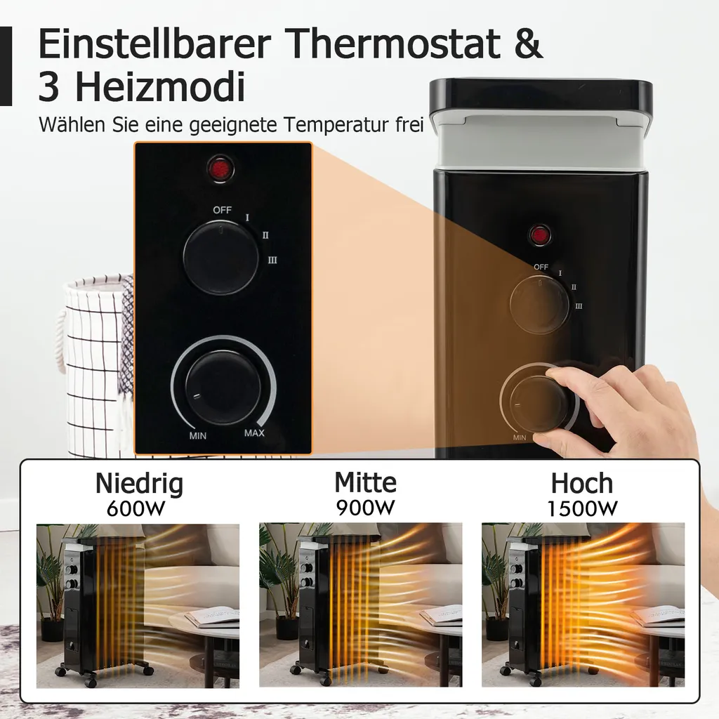 COSTWAY Ölradiator 3 Heizstufen 5-35℃ Für 20㎡, 7 Rippen Heizkörper 1500W, Elektrische Heizung Mobil Mit Thermostat, Überhitzungsschutz & Räder, Schwarz 2 COSTWAY Ölradiator 3 Heizstufen 5-35℃ Für 20㎡, 7 Rippen Heizkörper 1500W, Elektrische Heizung Mobil Mit Thermostat, Überhitzungsschutz & Räder, Schwarz – Bild 2