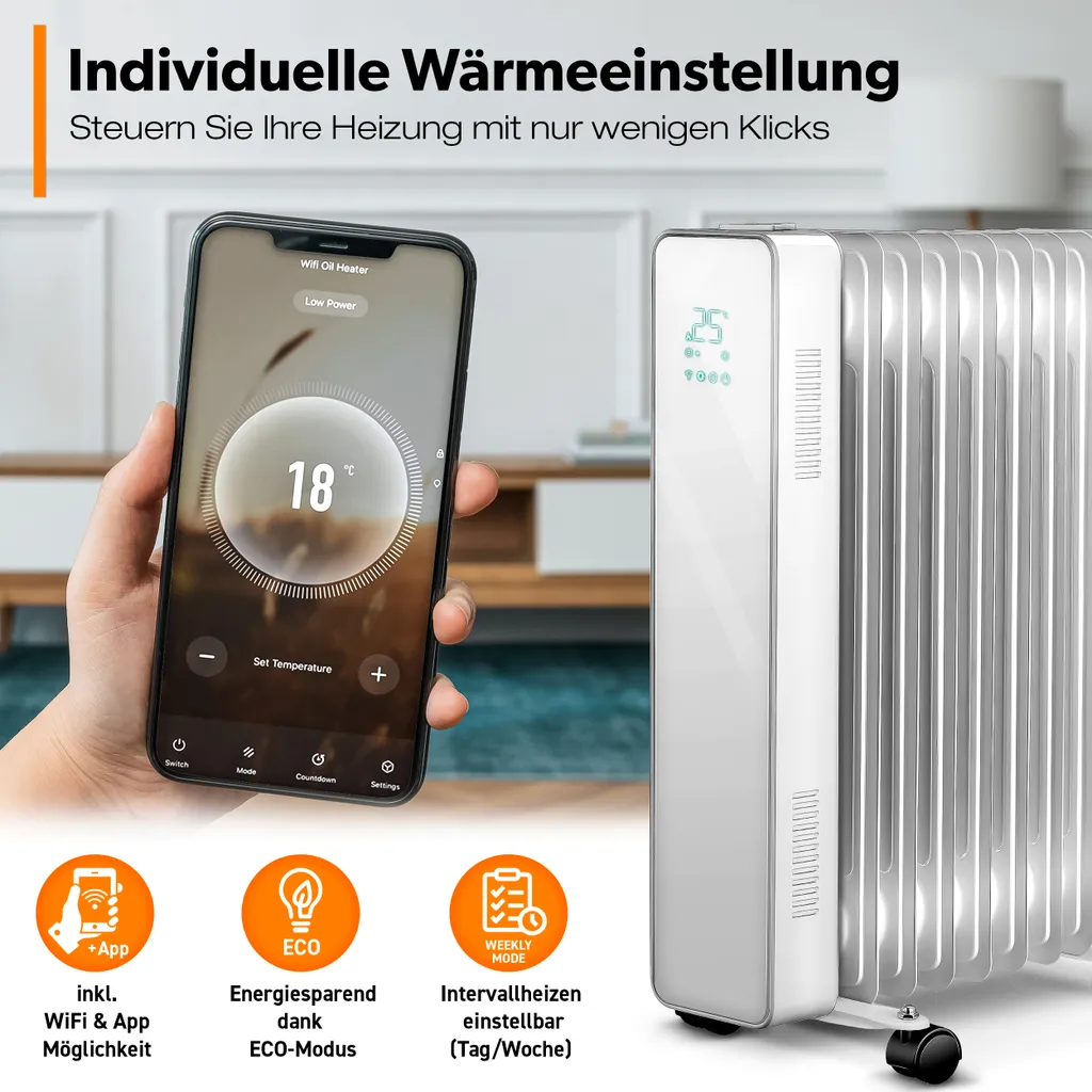 TRESKO® Ölradiator Weiß 2500W Elektroheizung Radiator Öl Heizkörper Heizung Timer 6 TRESKO® Ölradiator Weiß 2500W Elektroheizung Radiator Öl Heizkörper Heizung Timer – Bild 6