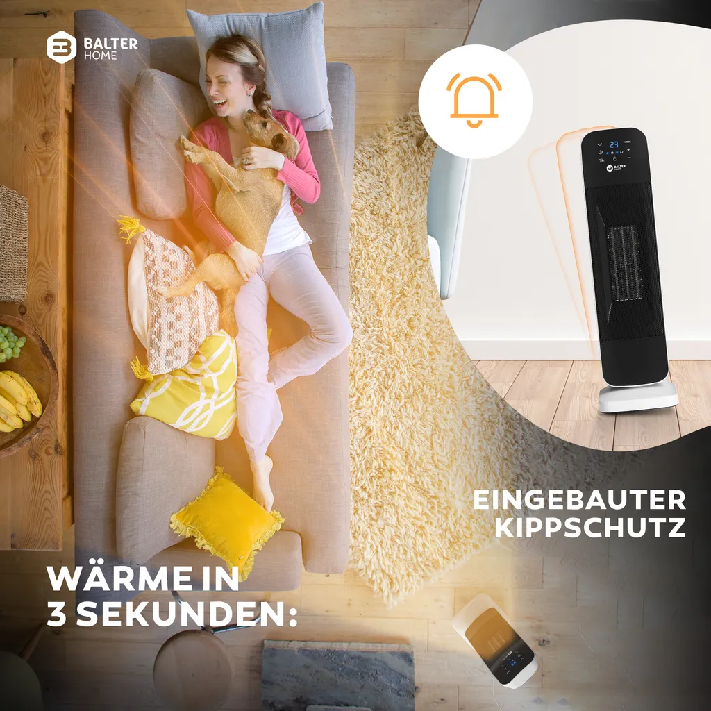 BALTER Heizlüfter 2000W, Heizstrahler, Heizung, Fernbedienung, Thermostat, 3 Heizstufen, Elektroheizung Mit 80° Oszillation, 12H Timer, Überhitzungs- Und Kippschutz 5 BALTER Heizlüfter 2000W, Heizstrahler, Heizung, Fernbedienung, Thermostat, 3 Heizstufen, Elektroheizung Mit 80° Oszillation, 12H Timer, Überhitzungs- Und Kippschutz – Bild 5