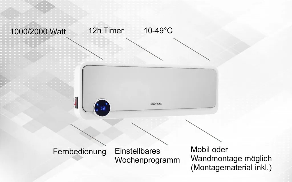 Echos Keramik Heizlüfter | Mit Fernbedienung | 2 Leistungsstufen (1000, 2000 W) | Wandmontage Möglich | 2 Echos Keramik Heizlüfter | Mit Fernbedienung | 2 Leistungsstufen (1000, 2000 W) | Wandmontage Möglich | – Bild 2