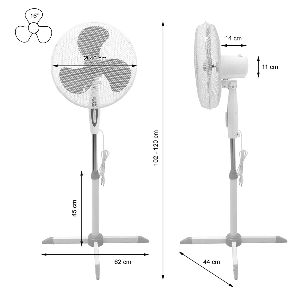 ECD Germany Standventilator 45W, Ø 40cm, Weiß/Grau - Leise, 3 Geschwindigkeitsstufen - Standfuß Höhenverstellbar 102-120 Cm - 90° Oszillazion 30° Neigbar - Ventilator Standlüfter Luftkühler Bödenventilator 7 ECD Germany Standventilator 45W, Ø 40cm, Weiß/Grau - Leise, 3 Geschwindigkeitsstufen - Standfuß Höhenverstellbar 102-120 Cm - 90° Oszillazion 30° Neigbar - Ventilator Standlüfter Luftkühler Bödenventilator – Bild 7