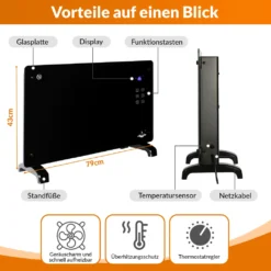 Glaskonvektor Elektroheizung Konvektor-Heizung 24h-Timer LCD-Display Touchscreen Fernbedienung - Mobile Energiesparende Leise Heizung Standgerät Heizkörper Thermostat (Schwarz 2000W) -Luft Wrame Haus Geschaft 5517a4e14d29b65c3eef3ded781b132a