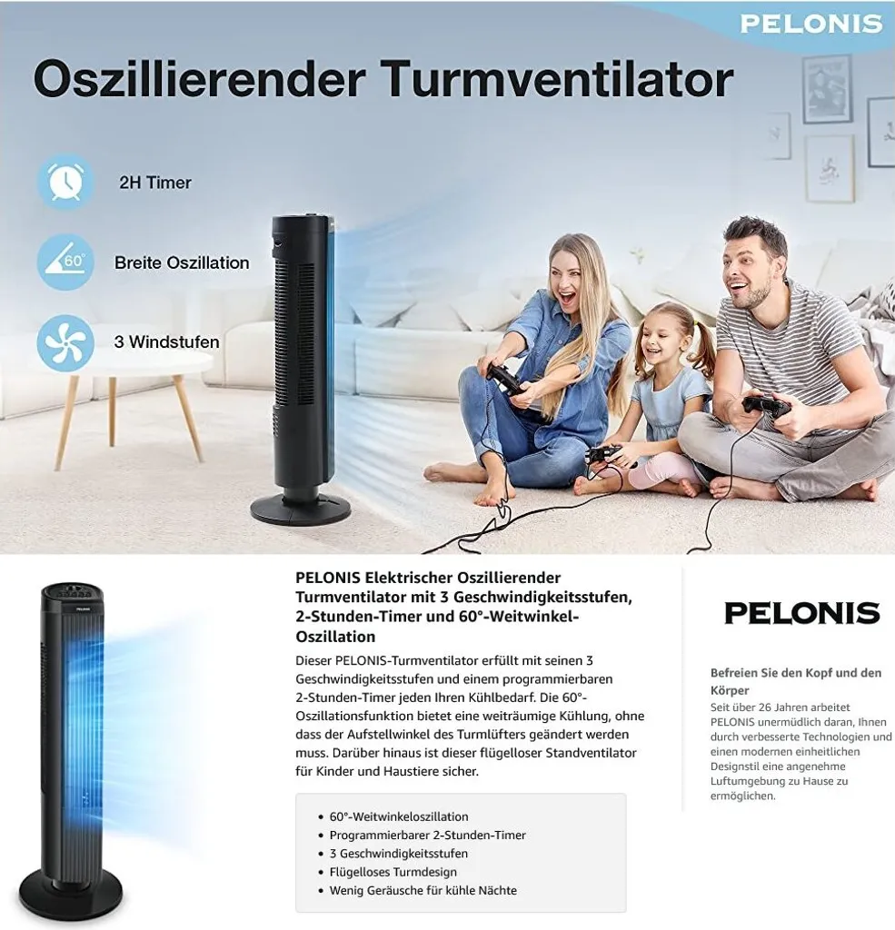Pelonis Turmventilator, Ventilator Mit 3 Geschwindigkeiten, Ventilator Leise Standventilator Mit 2H Timer & 60° Oszillation, 2-in-1 Lüfter Säulenventilator Nur 52dbA 2 Pelonis Turmventilator, Ventilator Mit 3 Geschwindigkeiten, Ventilator Leise Standventilator Mit 2H Timer & 60° Oszillation, 2-in-1 Lüfter Säulenventilator Nur 52dbA – Bild 2