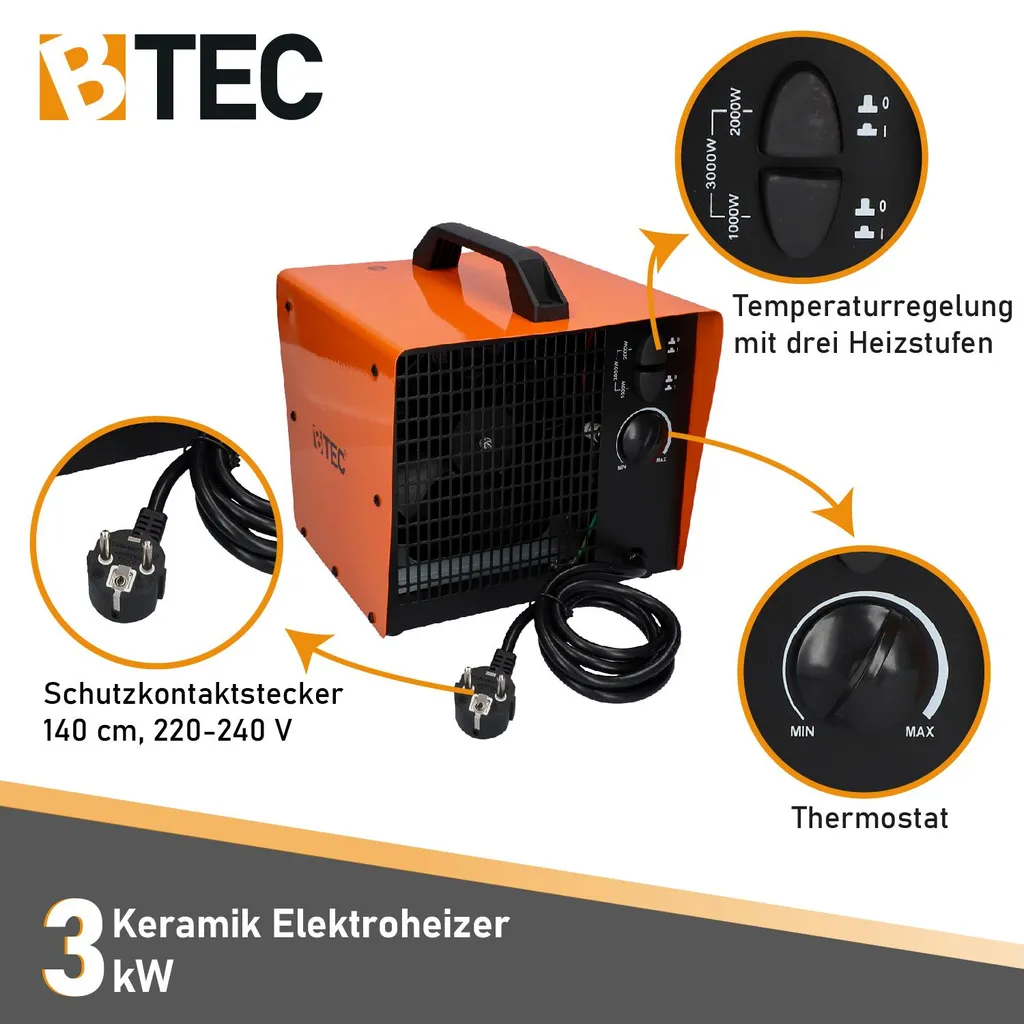 BTEC Keramik Elektroheizer 3 KW, Heizlüfter, Bauheizer, Frostwächter 2 BTEC Keramik Elektroheizer 3 KW, Heizlüfter, Bauheizer, Frostwächter – Bild 2
