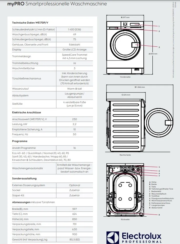 Electrolux Waschmaschine MyPRO Professional 8kg 1400U/min Edelstahl WE170V 5 Electrolux Waschmaschine MyPRO Professional 8kg 1400U/min Edelstahl WE170V – Bild 5
