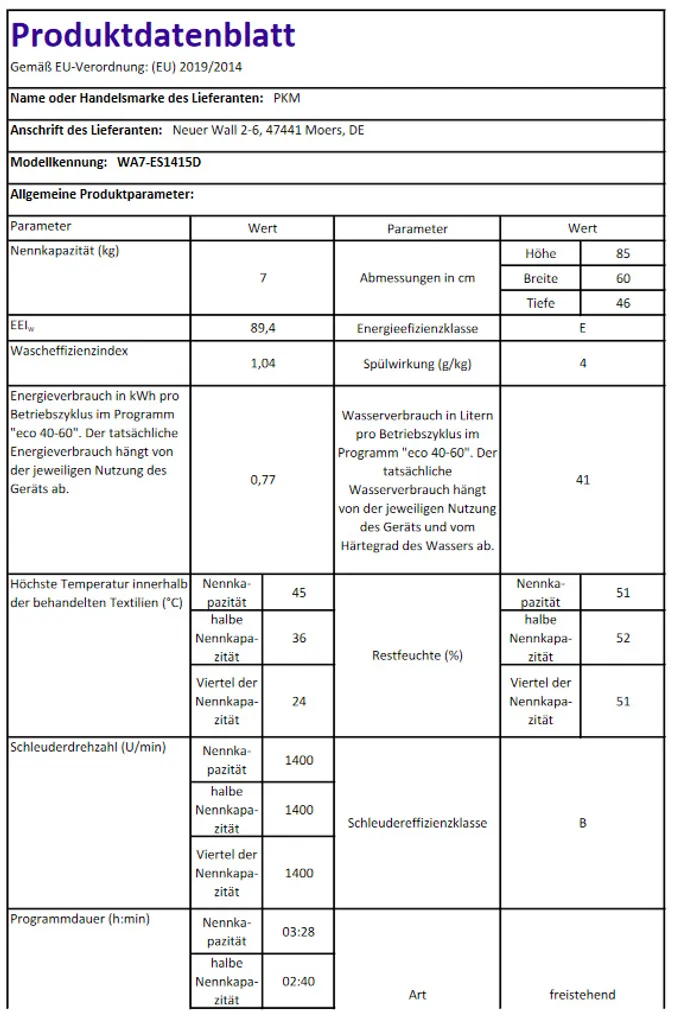 PKM Waschmaschine Waschautomat Waschvollautomat Frontlader 7kg WA7-ES1415D 7 PKM Waschmaschine Waschautomat Waschvollautomat Frontlader 7kg WA7-ES1415D – Bild 7