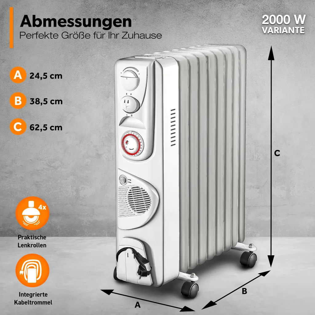 TRESKO® Ölradiator Weiß 2000W Elektroheizung Radiator Öl Heizkörper Heizung Timer 3 TRESKO® Ölradiator Weiß 2000W Elektroheizung Radiator Öl Heizkörper Heizung Timer – Bild 3