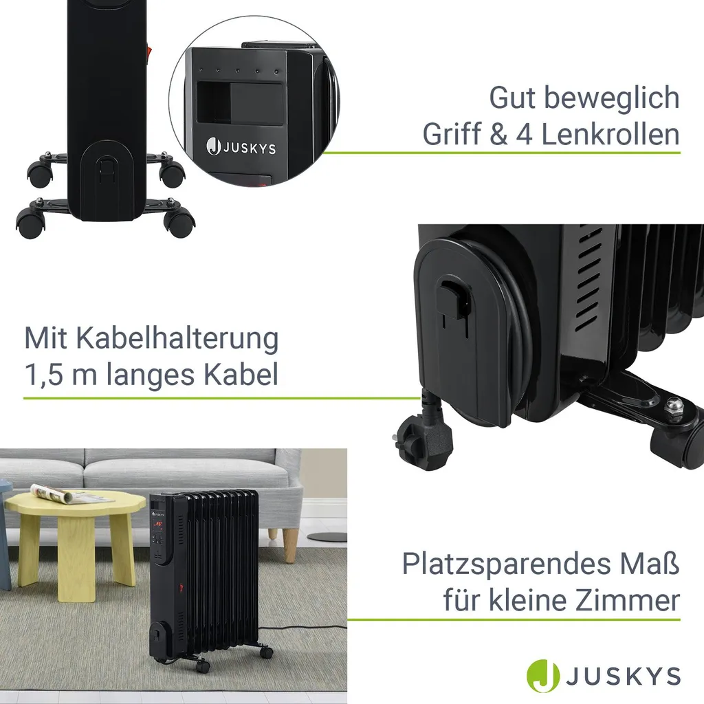 Juskys Elektroheizung Ölradiator 2500 Watt - Heizung Elektrisch Mit 3 Stufen, Thermostat, 12 H-Timer & Überhitzungsschutz - Radiator Schwarz 5 Juskys Elektroheizung Ölradiator 2500 Watt - Heizung Elektrisch Mit 3 Stufen, Thermostat, 12 H-Timer & Überhitzungsschutz - Radiator Schwarz – Bild 5