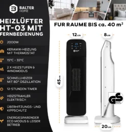BALTER Heizlüfter 2000W, Heizstrahler, Heizung, Fernbedienung, Thermostat, 3 Heizstufen, Elektroheizung Mit 80° Oszillation, 12H Timer, Überhitzungs- Und Kippschutz 12 BALTER Heizlüfter 2000W, Heizstrahler, Heizung, Fernbedienung, Thermostat, 3 Heizstufen, Elektroheizung Mit 80° Oszillation, 12H Timer, Überhitzungs- Und Kippschutz -Luft Wrame Haus Geschaft 6b398464220f1900385a9dc06a6c4d81