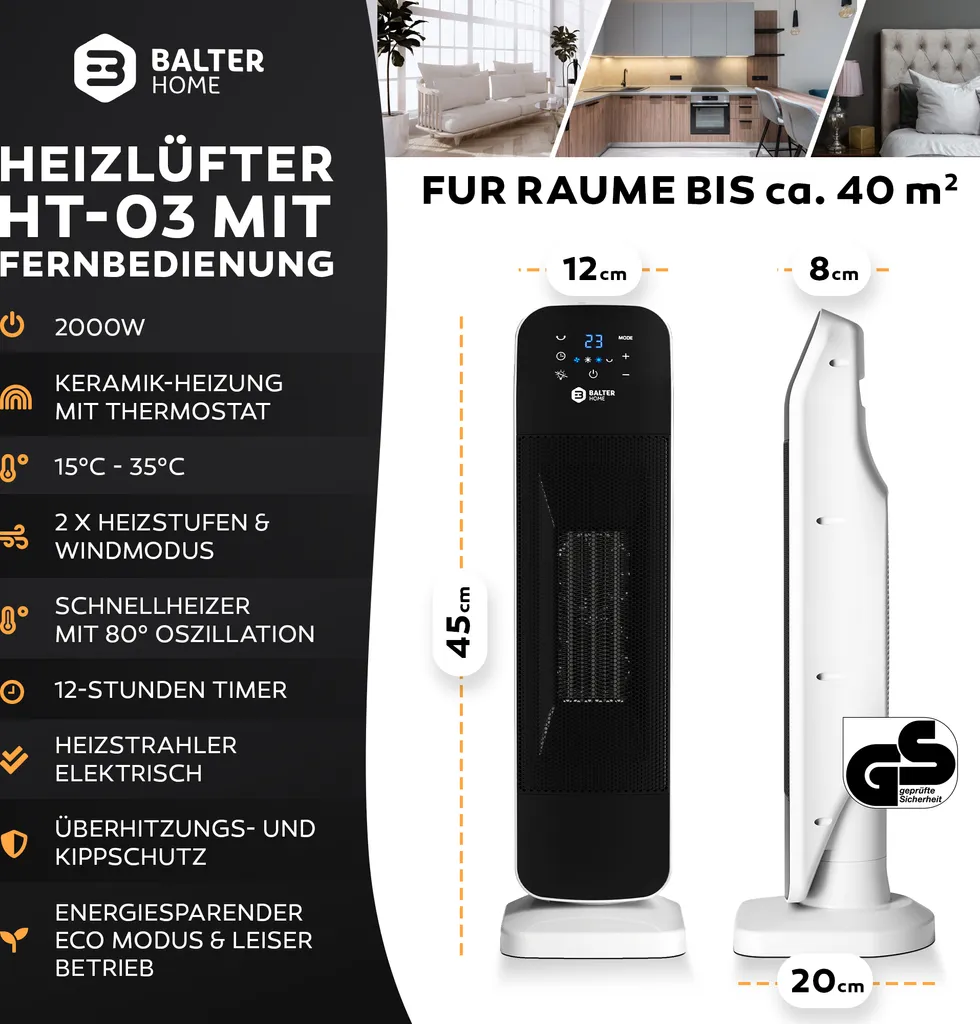 BALTER Heizlüfter 2000W, Heizstrahler, Heizung, Fernbedienung, Thermostat, 3 Heizstufen, Elektroheizung Mit 80° Oszillation, 12H Timer, Überhitzungs- Und Kippschutz 4 BALTER Heizlüfter 2000W, Heizstrahler, Heizung, Fernbedienung, Thermostat, 3 Heizstufen, Elektroheizung Mit 80° Oszillation, 12H Timer, Überhitzungs- Und Kippschutz – Bild 4