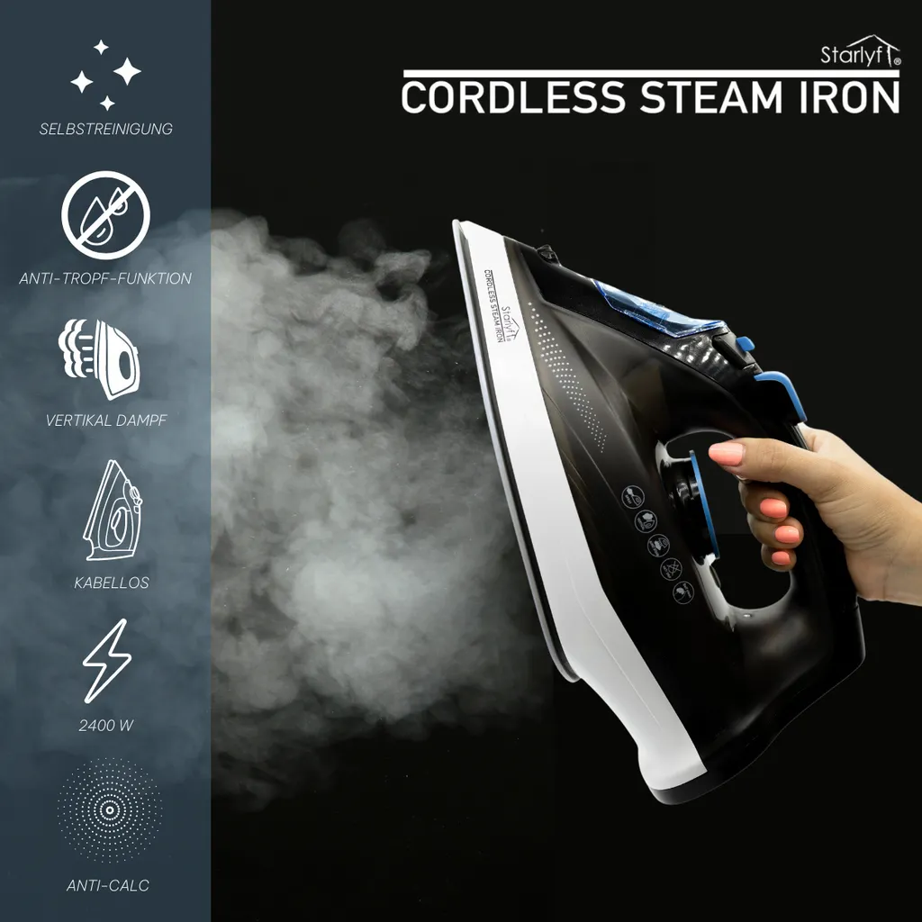 Starlyf® Cordless Steam Iron - Kabelloses Dampfbügeleisen, 320 Ml, 2400 Watt, Schnurlos Dampfbügeleisen, Keramikbeschichtung, Aus Der TV Werbung 6 Starlyf® Cordless Steam Iron - Kabelloses Dampfbügeleisen, 320 Ml, 2400 Watt, Schnurlos Dampfbügeleisen, Keramikbeschichtung, Aus Der TV Werbung – Bild 6